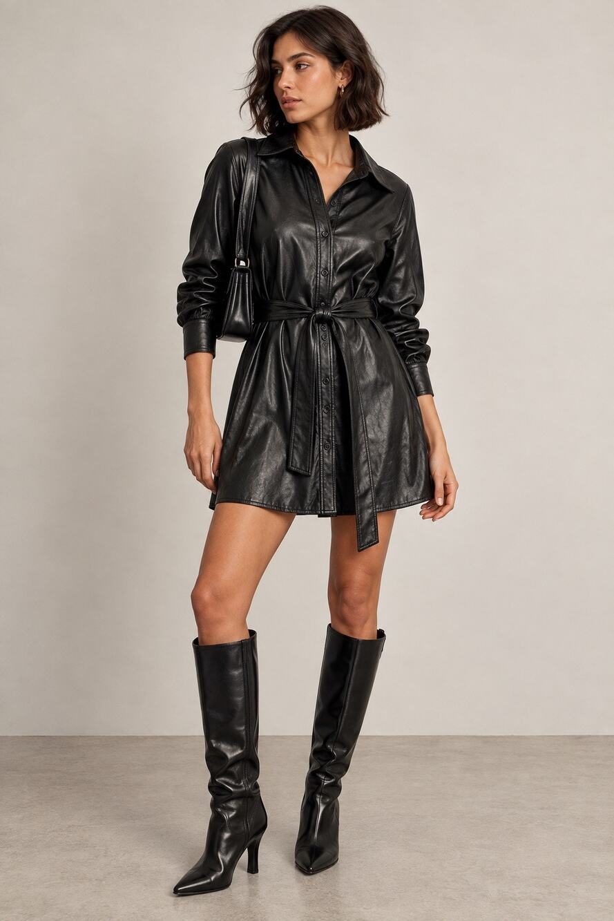 Aritzia Wilfred Caroline Vegan Leather Shirt Dress Black XL Belted
